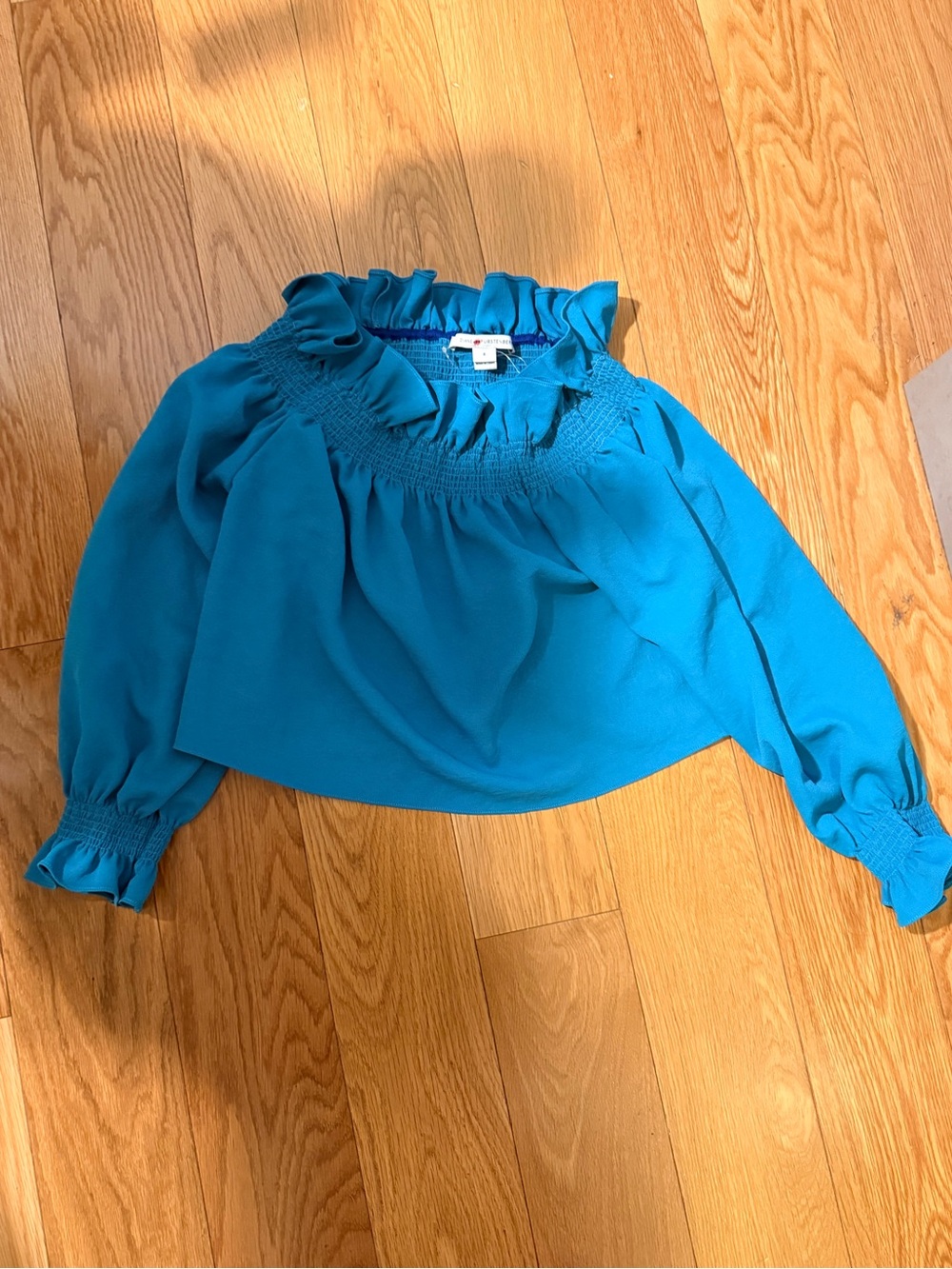 Diane Von Furstenberg Teal Off-Shoulder Ruffle Smocked Blouse